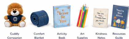 A cuddly companion, blanket, activity book, art supplies, kindness notes, and resource guide